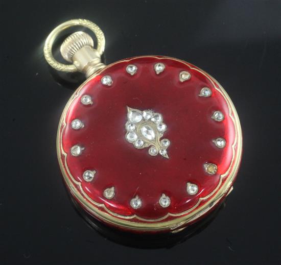 A continental 18ct gold red enamel and rose cut diamond set keyless dress fob watch,